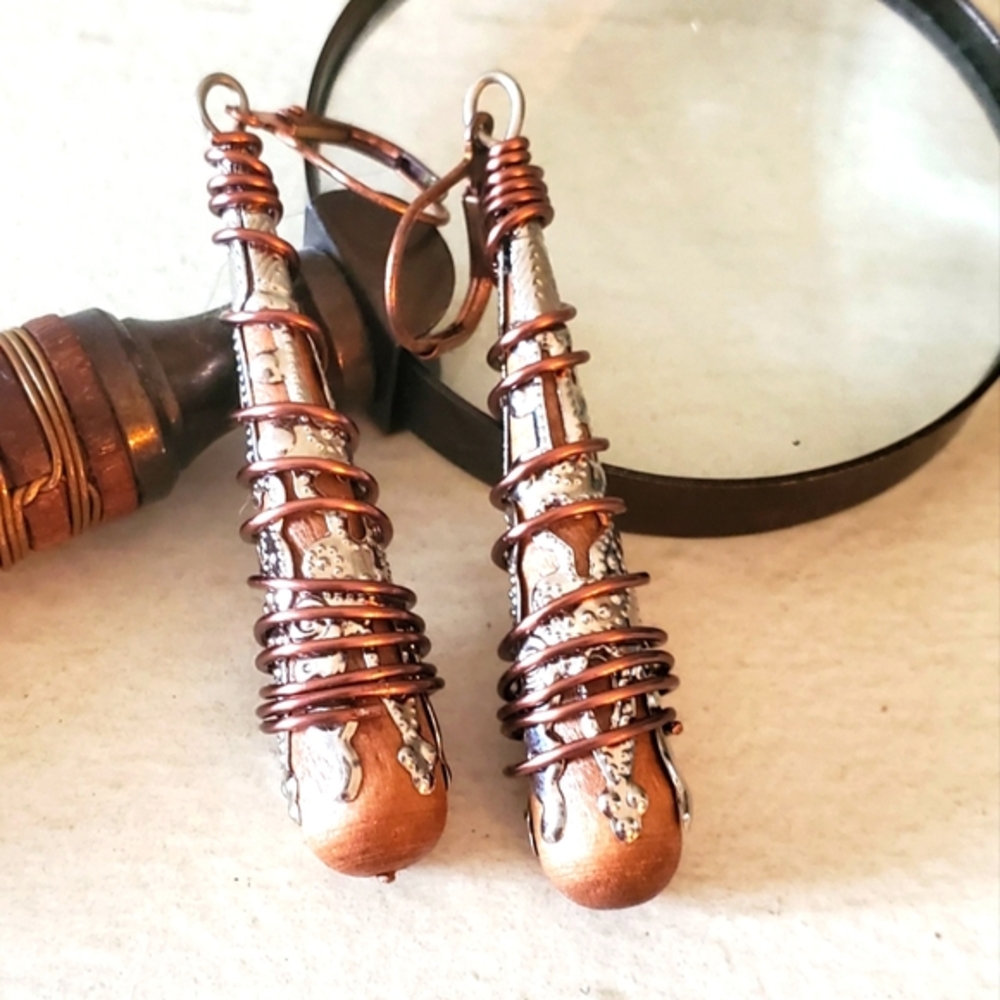 Wood, Copper, and Silver Wire Wrapped Drop Earrings